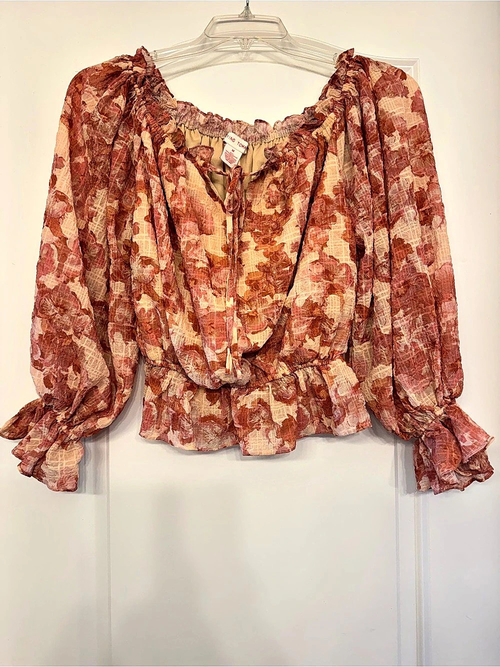 Floral Peasant Blouse in Orange & Pink Like New